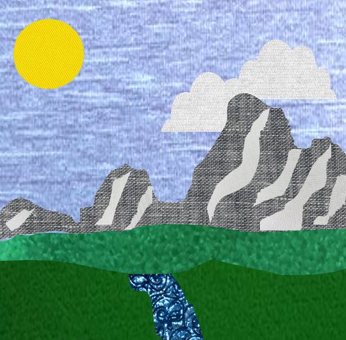 Lorna, mountain landscape, old cloths recycling.
